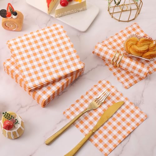 100 Pcs Orange Gingham Disposable Napkins - 6.5 Inch Scalloped Paper for Parties