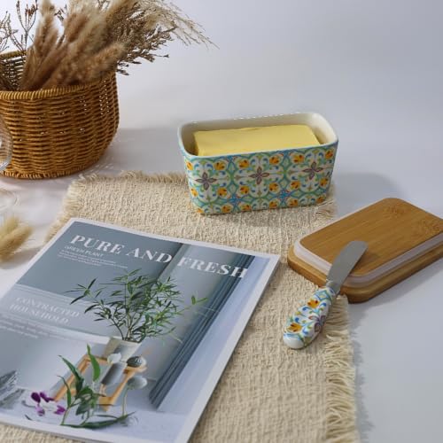 Boho Ceramic Butter Dish with Lid & Knife - 16oz Capacity
