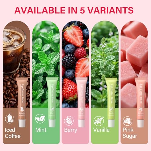 RIHAKO Glossy Lip Balm & Lip Gloss Set – Hydrating 5-Piece Lip Butter Collection Vanilla, Berry, Mint, Coffee, Pink Sugar