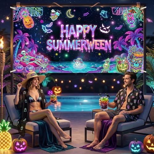 Summerween Banner - 70.8x35.4 Inch Tropical Halloween Backdrop