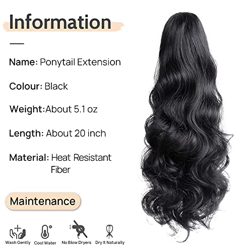 StrRid 20 Inch Black Wavy Claw Clip Ponytail Extension for Women