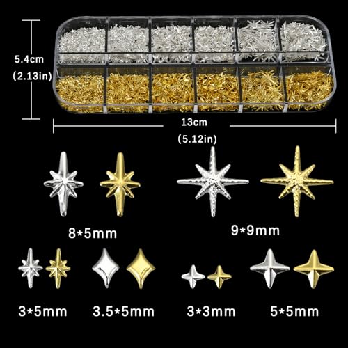 OPMADM Set of 2500 3D Star Nail Charms - Silver & Gold Star Variations