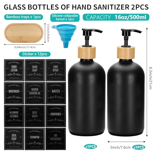 Black Glass Soap Dispenser Set with Bamboo Tray - 16 Oz, 2 Pack