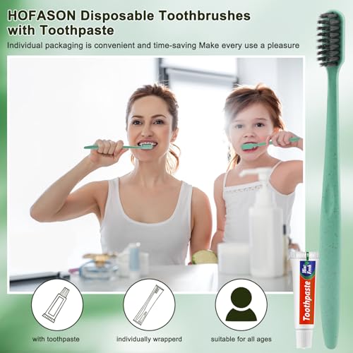 HOFASON Disposable Toothbrushes with Toothpaste, 50 Pack Travel Set