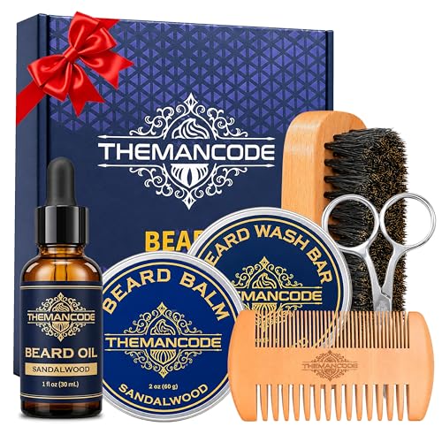 THEMANCODE Beard Grooming Kit for Men, Fathers Day Gift for Dad and Husband, Sandalwood Beard Care Kit with Oil, Balm, Wash Bar, Brush, Comb and Scissors