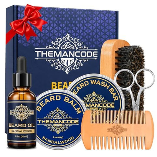 THEMANCODE Beard Grooming Kit for Men, Fathers Day Gift for Dad and Husband, Sandalwood Beard Care Kit with Oil, Balm, Wash Bar, Brush, Comb and Scissors