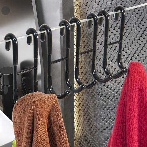 Rustproof Stainless Steel Shower Door Hooks for Towels - No-Drill Hangers (4 Pack, Black)