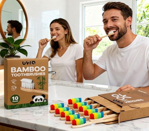 UVRA Rainbow Bamboo Toothbrush 10 Pack - Eco-Friendly Organic, Charcoal Infused Soft Bristles, Plastic-Free, Gentle for Sensitive Teeth