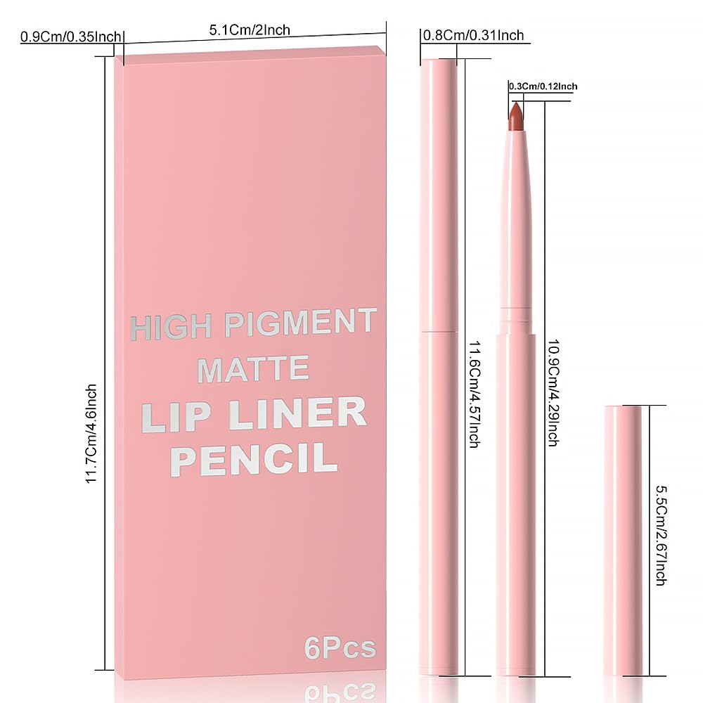 6 Pcs Retractable Natural Nude Beige Colors Lip Liner Lipstick Pencils Set for Shaping & Sculpting Lips,Mauve Maroon Dark Red Orange Chocolate Plum Creamy Matte Velvet Pigmented Crayon
