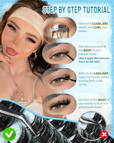 PHKERATA DIY Lash Extension Kit - 144pcs Fluffy C Curl Cluster Lashes