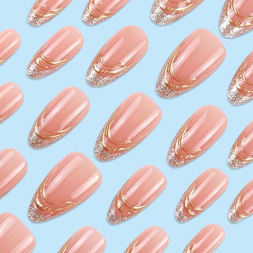LOPMNGHT Glitter Powder French Almond Short Press On Nails for Women 24Pcs