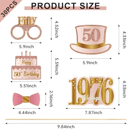 50th Birthday Photo Booth Props Kit - 30 Pcs Pink Rose Gold Decorations