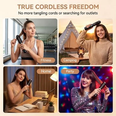 Cordless Curling Iron Brush - 7000mAh 2-in-1 Ionic Heated Round Brush | Portable Hair Volumizer for Root Lifting & Bangs - 4 Temp Levels Up to 430°F - Travel-Friendly (Black)
