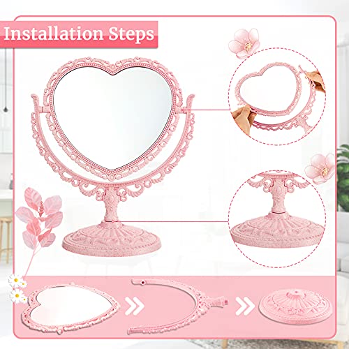 Jetec Pink Heart Shaped Desktop Makeup Mirror 360° Rotation Cosmetic Vanity