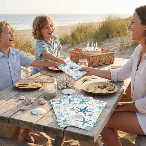 100 Coastal Paper Napkins - Starfish & Seashell Design for Parties