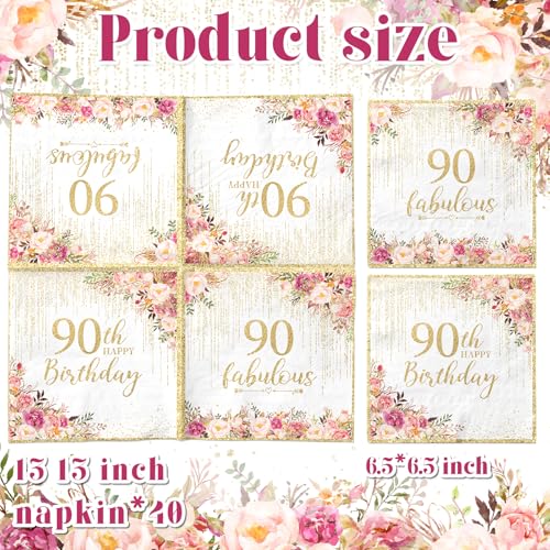 90th Birthday Napkins - 40 Disposable Rose Gold Party Napkins