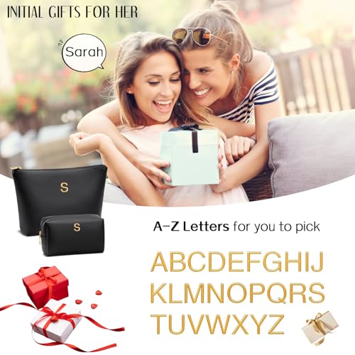 Initial-Monogram Travel Makeup Bag—Personalized Waterproof PU Leather, Black