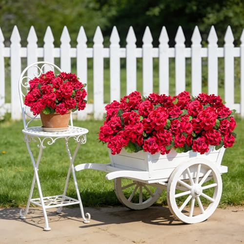17" Artificial Geranium Flowers - 8 Pcs Red Silk Plants for Outdoors