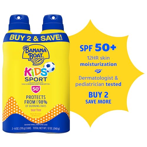 Banana Boat Sport Kids Sunscreen Spray SPF 50, Twin Pack | Spray Sunscreen for Kids, Childrens Sunblock SPF 50, Oxybenzone Free, 6oz each