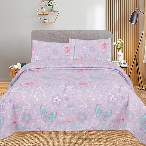 Kids Full Sheet Set - Butterfly Lavender Aqua Blue Pink - 4pc Luxury