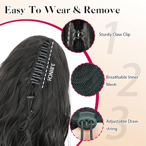 18 Inch Black Brown Curly Wavy Ponytail Extension Clip-In