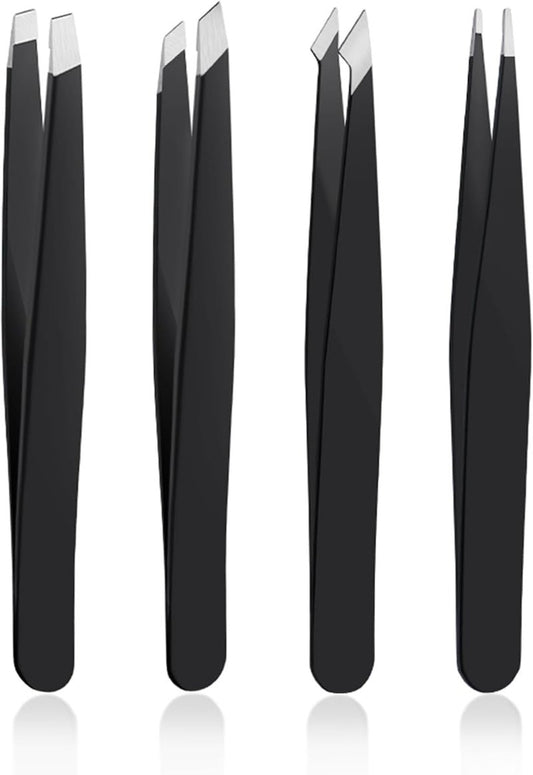 Precision Stainless Steel Tweezers Set - 4 PCS for Ingrown Hair, Facial Hair, Splinter & Blackhead Removal | Black