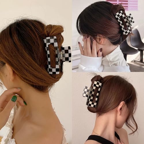 Large Checkered Hair Claw Clips - 4 Pack Acrylic Barrettes for All Hair Types