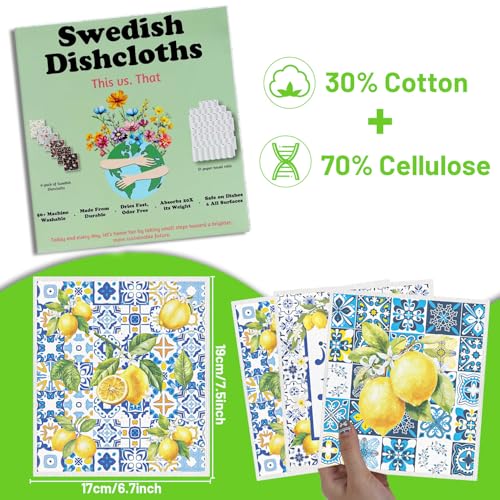 Blue Lemon Swedish Dishcloths - 6 Pack Reusable Kitchen Towels