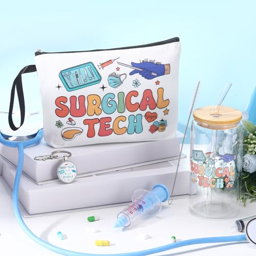 Kacctyen Surgical Tech Gifts Set - 3 pcs Appreciation Makeup Bag, Glass Cup, Keychain