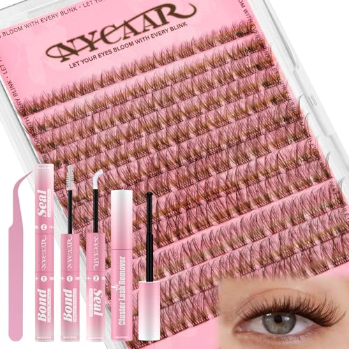 NYCAAR Brown Wispy Lash Clusters Kit with Clear Seal & Glue - Honey Kiss Variation, 8-16mm Natural DIY Eyelash Extension