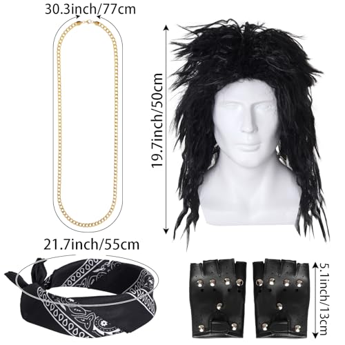 1980s Rocker Costume Set with Wig, Fingerless Gloves, and Accessories