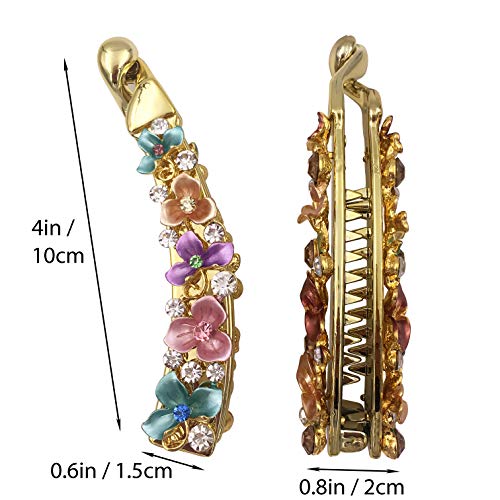 Lizzie Kay Floral Rhinestone Banana Hair Clips Set for Women - Long, Glam Ponytail Holders