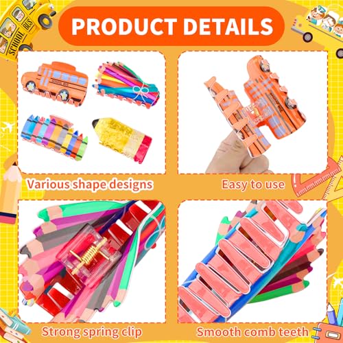 KICOSY Pencil 1 Clip Set - 4 School Bus, Crayon & Pencil Hair Clips for Teachers & Students, Back-to-School