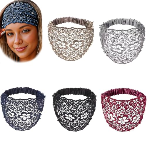 5 Pcs Boho-Chic Lace Headbands for Women – Crystal & Pearl Accents