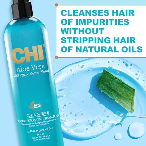 CHI Aloe Vera Curl Enhancing Shampoo, Sulfate-Free Hydrating Hair Care, 11.5 Oz