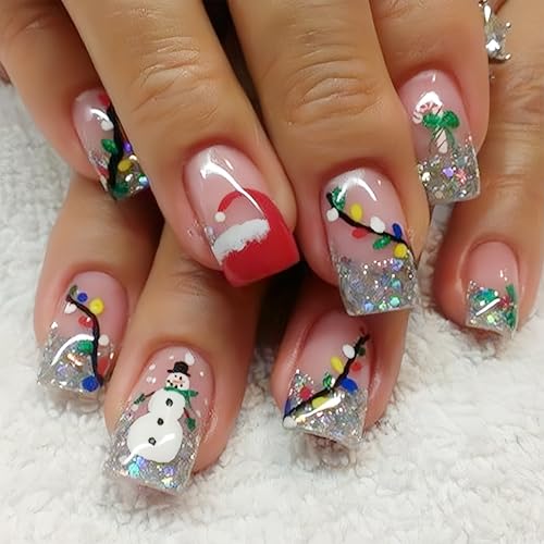 HREJHDS Snowman Christmas Glitter Press On Nails Short Square Fake Nails with French Tip & Nude Design