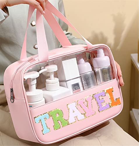 Clear Travel Makeup Bag with Chenille Letter Patch - Large Toiletry Tote