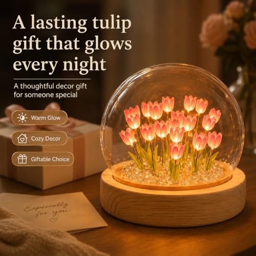 USB Powered LED Tulip Night Light with Glass Dome & Wooden Base