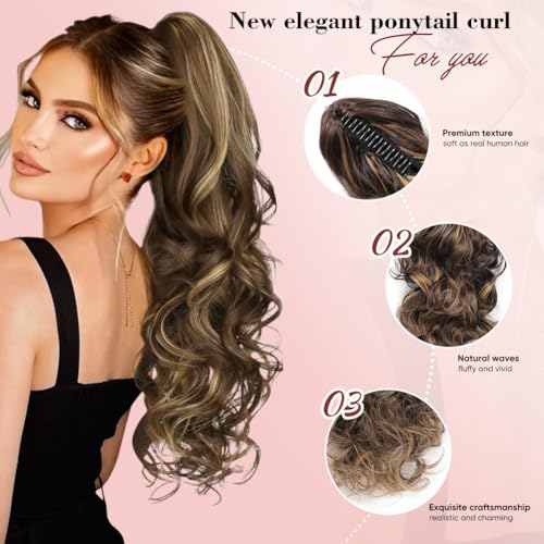24 Inch Chestnut Brown with Golden Claw Clip Ponytail Extension - Long Curly Wavy Hairpiece