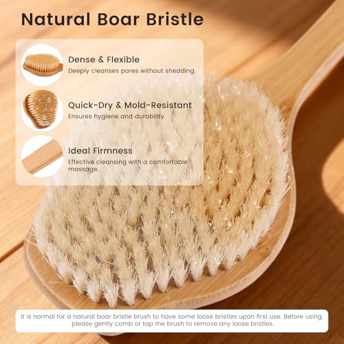 VWMYQ Bamboo Back Scrubber for Shower - 17in Curved Handle, Natural Boar Bristles, Anti-Slip Grip