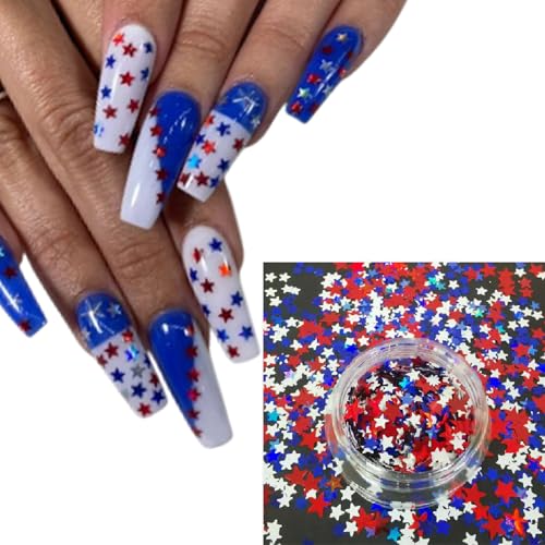 YUEJIMEIGUI 6 Boxes Patriotic 4th of July Star Glitter Nail Sequins Red White Blue for Nail Art & DIY Crafts