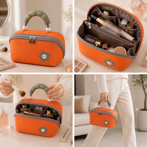 Orange Large Makeup Bag - Spacious Travel Cosmetic Pouch for Women