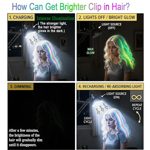Glow in the Dark Clip-in Hair Extensions - 10 Colorful Pieces, 22 Inch