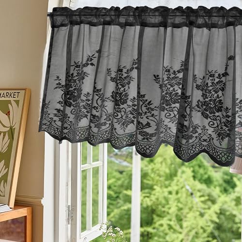 Molaxhome Black Lace Floral Semi Sheer Kitchen Valance 51x16