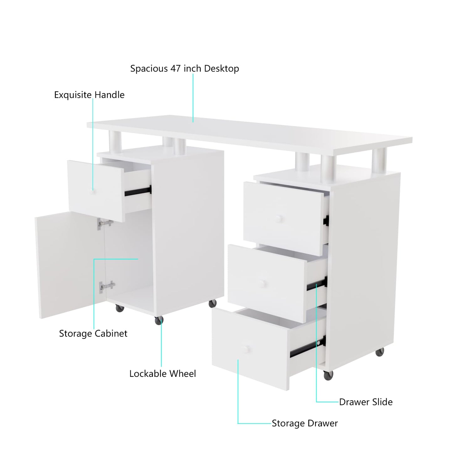 Cimcame Nail Desk for Nail Tech 47 inch Manicure Table with Drawers/Wrist Pad/Lockable Wheels Acetone Resistant Nail Art Station for Salon Spa Beauty Bar Technician,White