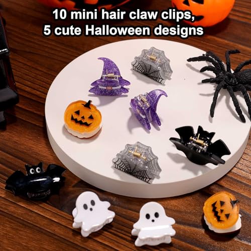 Lyreh 10pcs Mini Halloween Hair Claw Clips - Pumpkin Ghost Bat Spider Web Wizard Hat