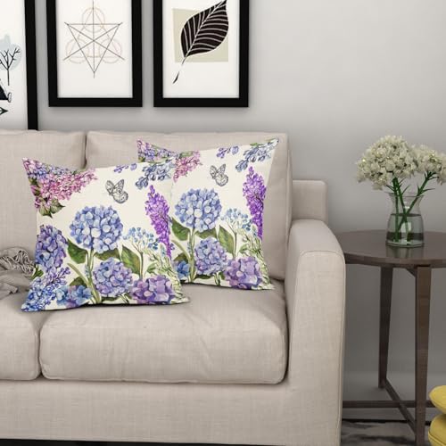 Floral Pillow Covers 18x18 Inch Set of 2 - Purple Blue Butterfly Design