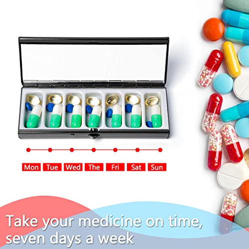 Compact 7-Day Metal Pill Organizer with Makeup Mirror - Gun Black