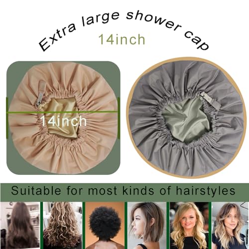 Genergy 2-Pack Satin Lined Shower Caps for Women - Light Grey & Apricot, Adjustable, Waterproof, Frizz-Free