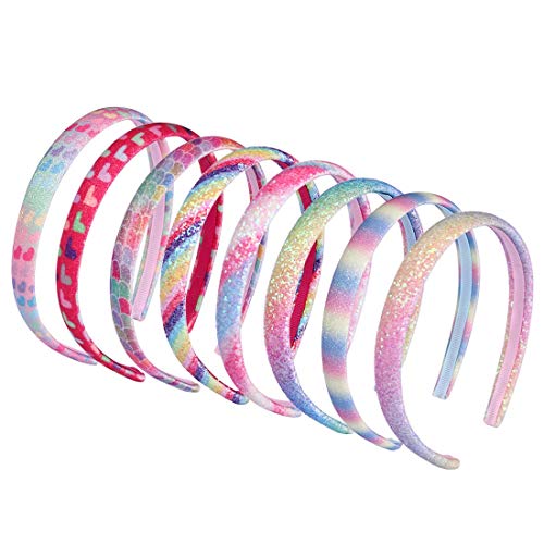 WANYU Rainbow 8 Pack Kids Headbands – Sequin Heart & Mermaid Hair Bands for Girls